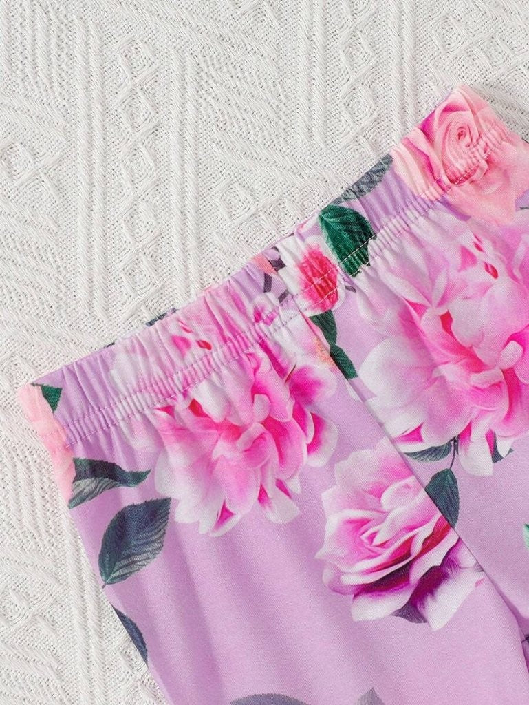 Baby Purple Flower Print Tee And Pants Set