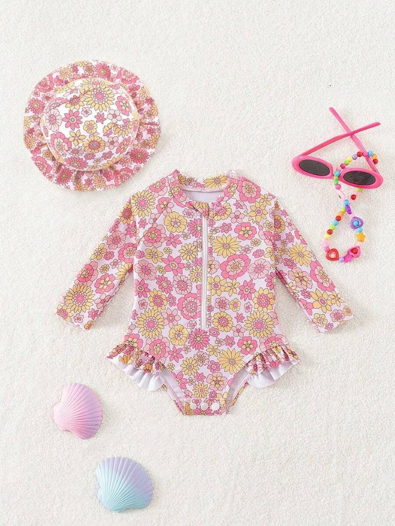 Baby Floral Print Swimming Costume With Frilled Cap
