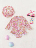 Baby Floral Print Swimming Costume With Frilled Cap