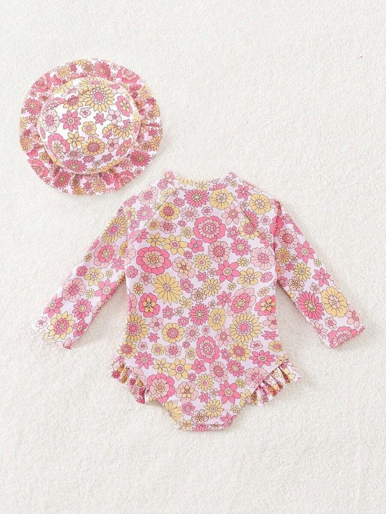 Baby Floral Print Swimming Costume With Frilled Cap