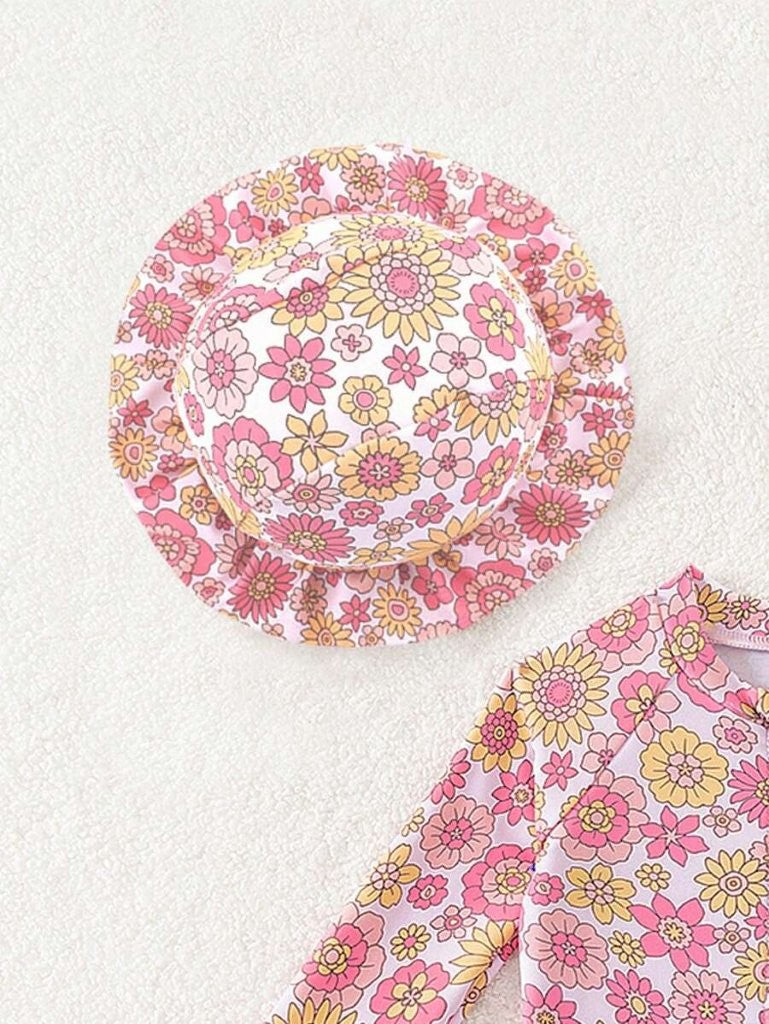 Baby Floral Print Swimming Costume With Frilled Cap