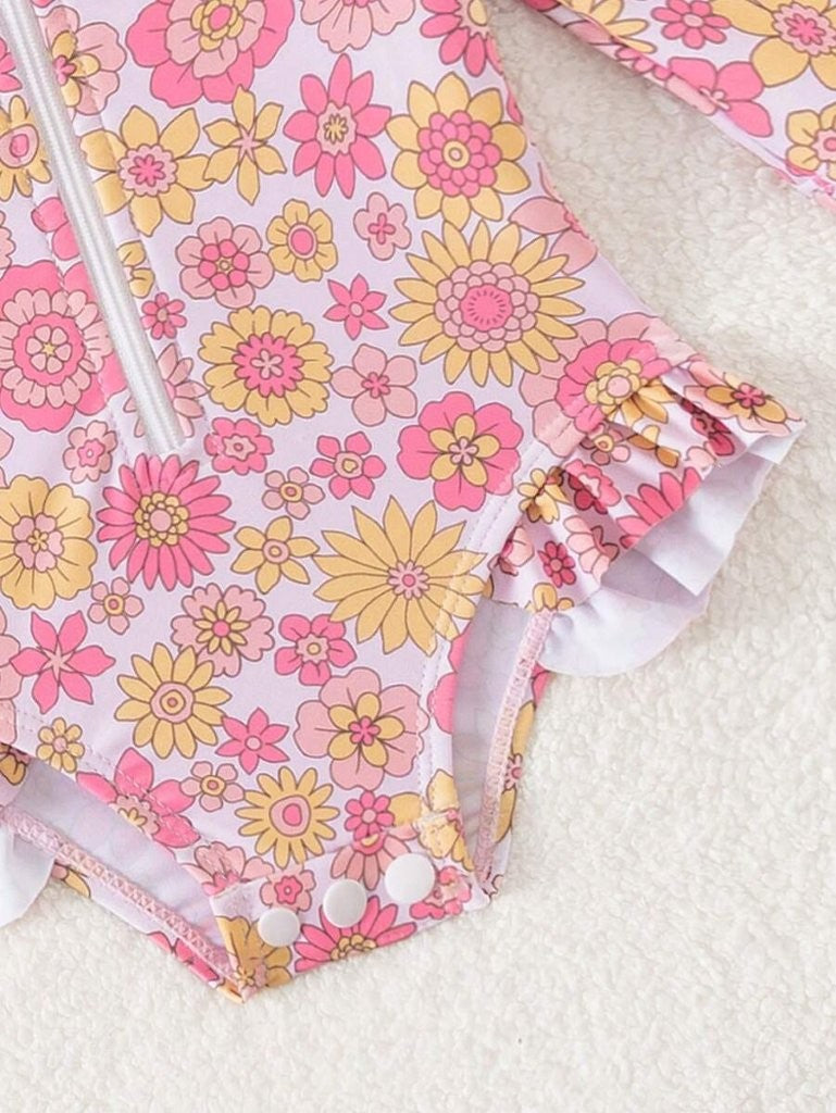 Baby Floral Print Swimming Costume With Frilled Cap