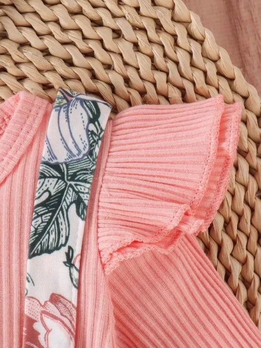 Baby Double Bow Flower Pattern Bodysuit dress Set Pink