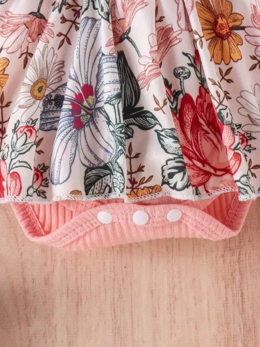 Baby Double Bow Flower Pattern Bodysuit dress Set Pink