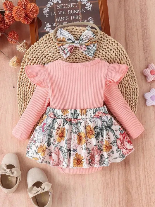 Baby Double Bow Flower Pattern Bodysuit dress Set Pink