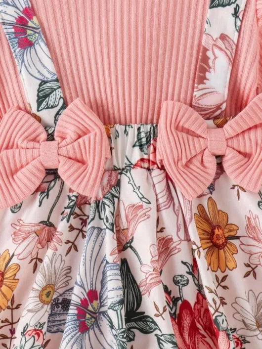 Baby Double Bow Flower Pattern Bodysuit dress Set Pink