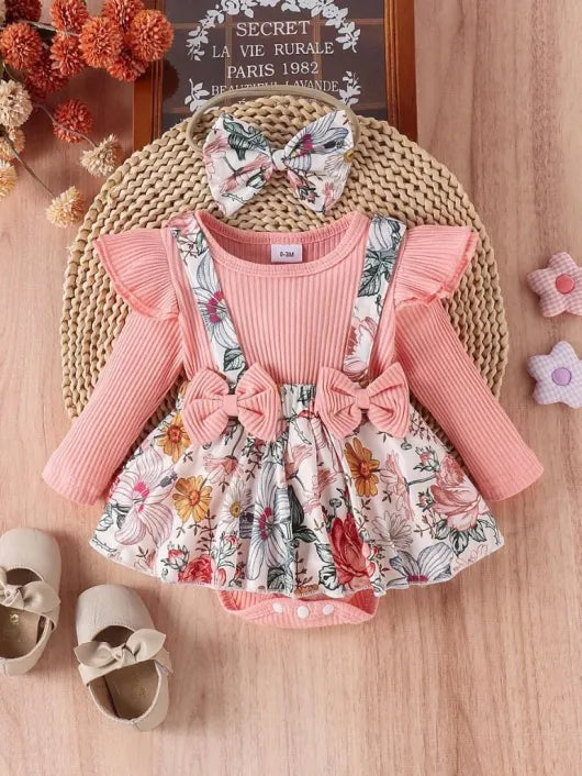 Baby Double Bow Flower Pattern Bodysuit dress Set Pink