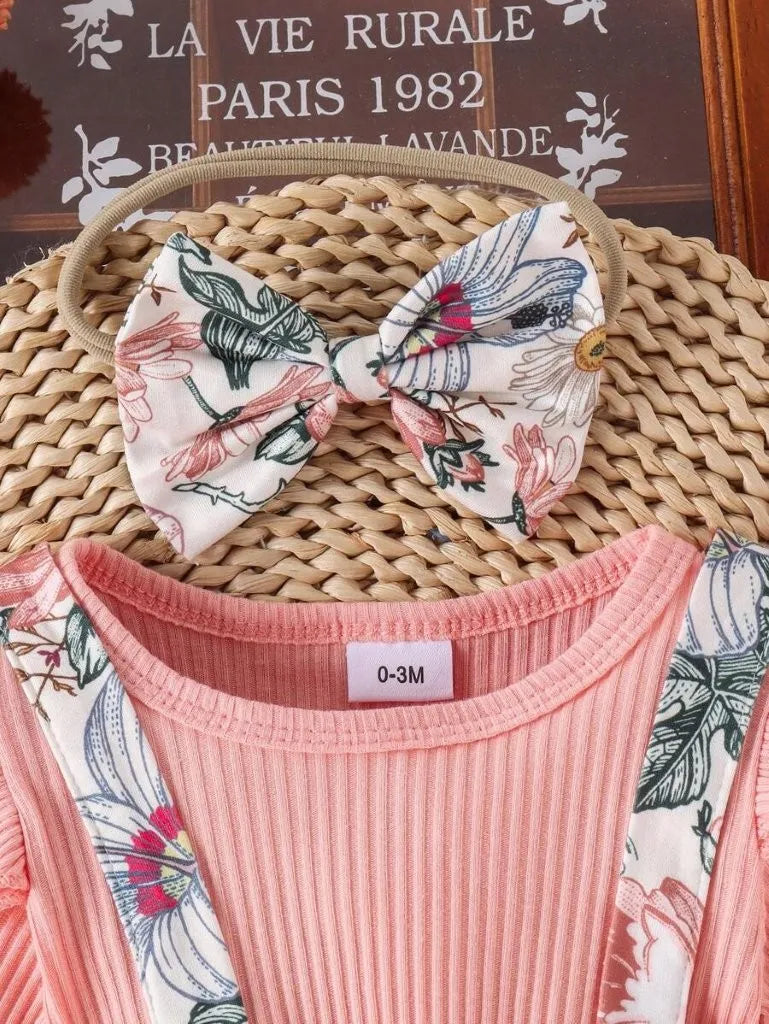 Baby Double Bow Flower Pattern Bodysuit dress Set Pink