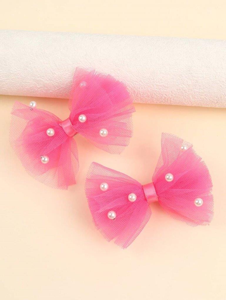 2 Piece Hot Pink Mesh Pearl Hair Clips