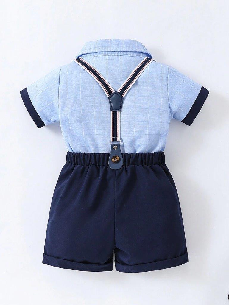 Baby 3 Piece Button Plaid Shirt Suspender Gentleman Outfit