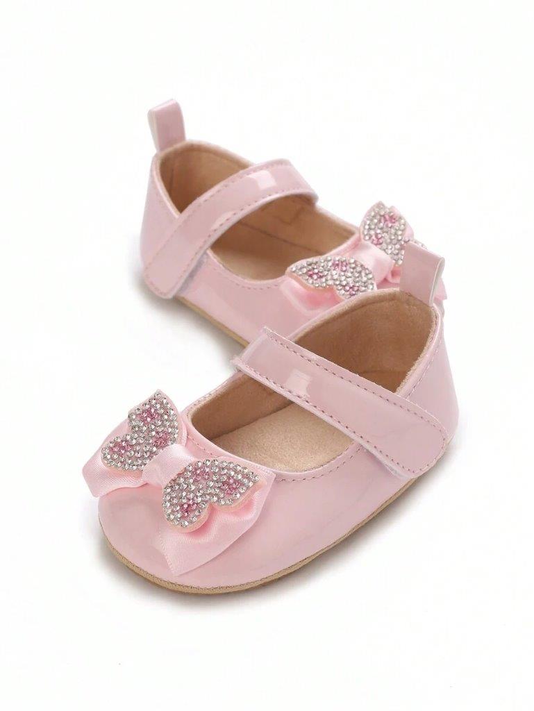 Baby Diamante Bow Shiny Shoes Pink