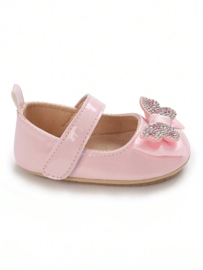 Baby Diamante Bow Shiny Shoes Pink