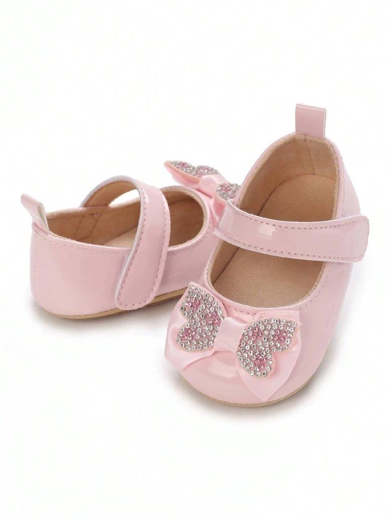 Baby Diamante Bow Shiny Shoes Pink