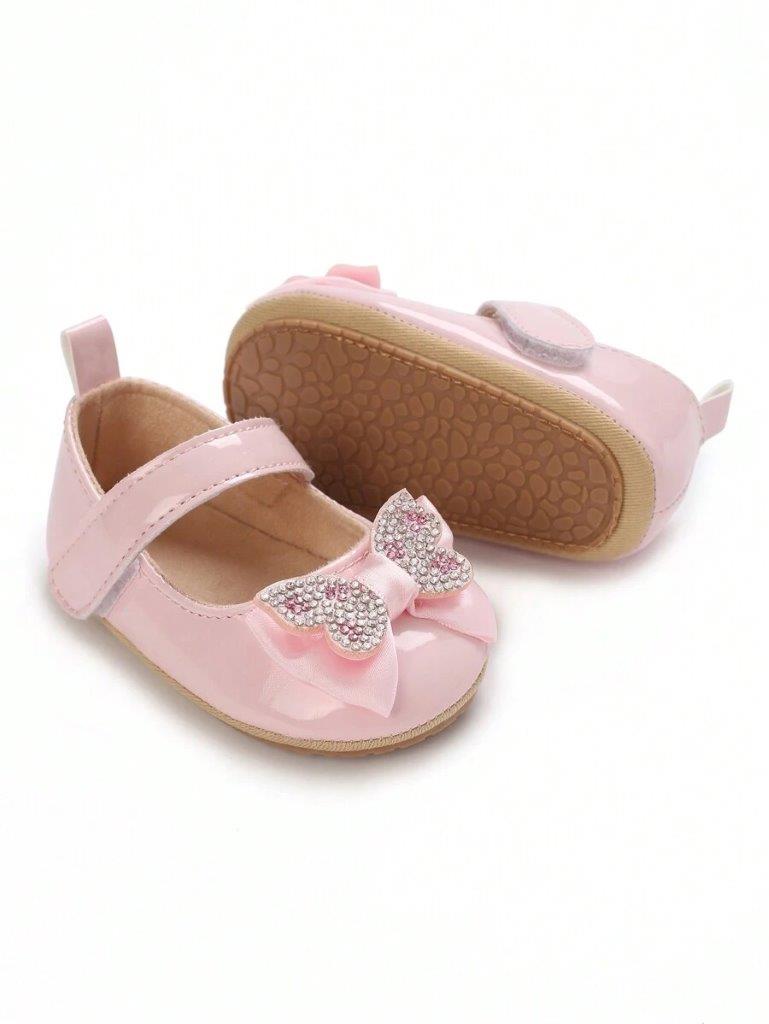 Baby Diamante Bow Shiny Shoes Pink