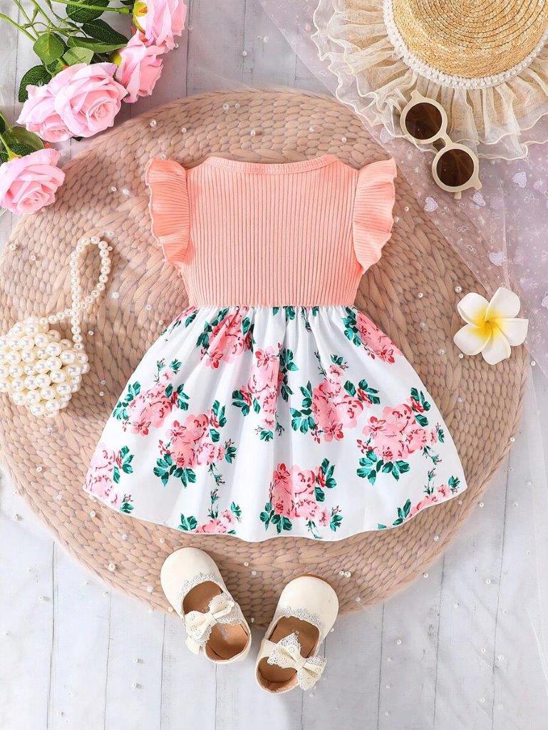 Baby Pink Floral Bow A-Line Dress