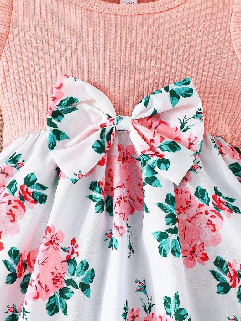 Baby Pink Floral Bow A-Line Dress