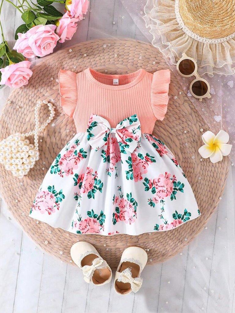 Baby Pink Floral Bow A-Line Dress