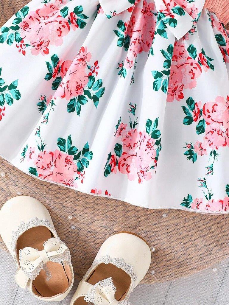 Baby Pink Floral Bow A-Line Dress