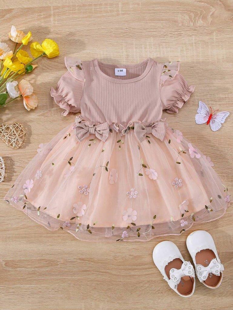 Baby Dusty Pink Embroidery Short Sleeve Double Bow Dress