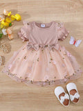 Baby Dusty Pink Embroidery Short Sleeve Double Bow Dress