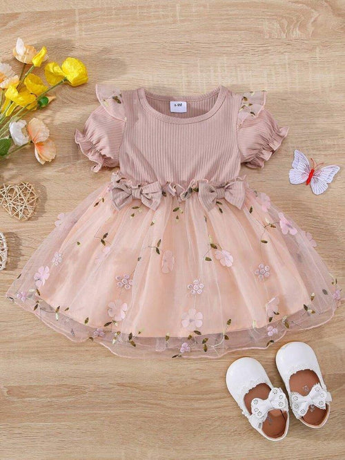 Baby Dusty Pink Embroidery Short Sleeve Double Bow Dress