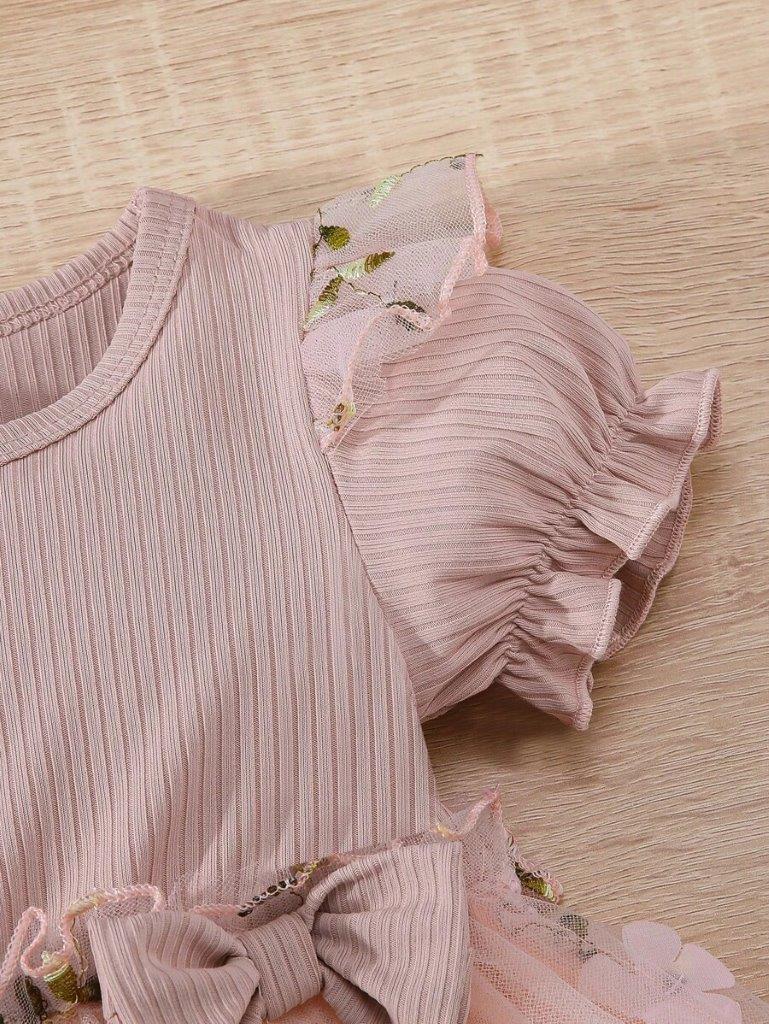 Baby Dusty Pink Embroidery Short Sleeve Double Bow Dress