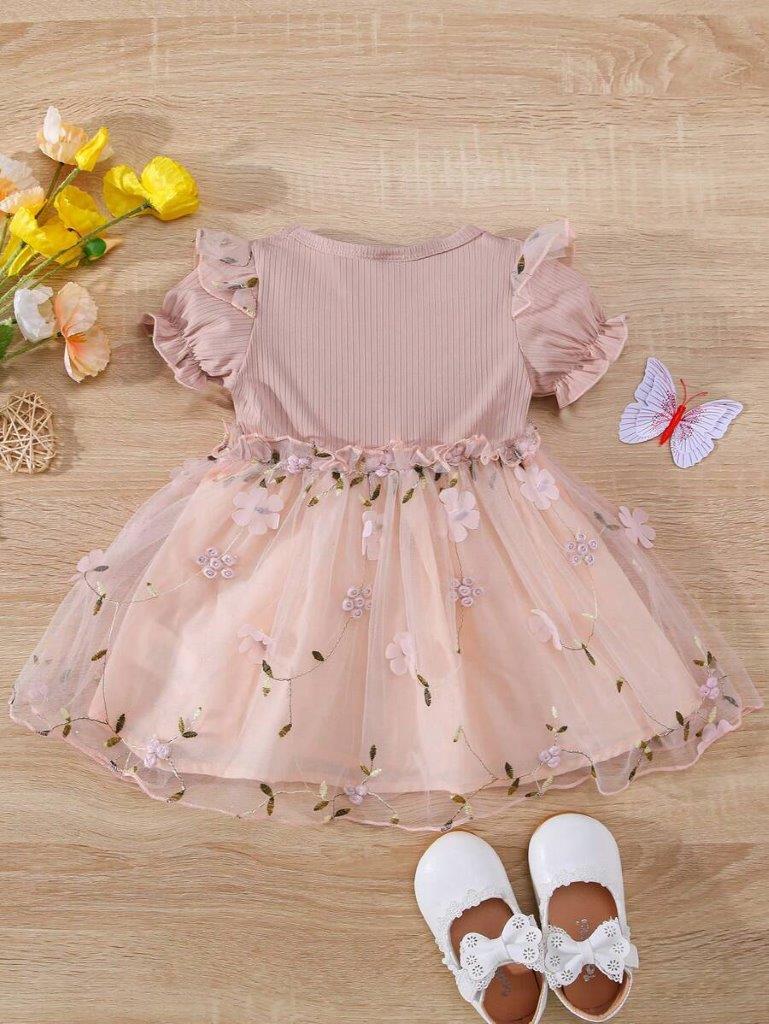 Baby Dusty Pink Embroidery Short Sleeve Double Bow Dress