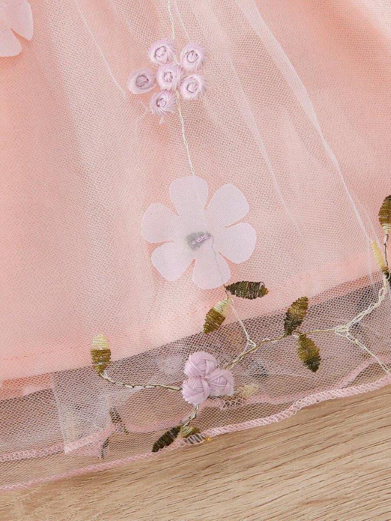 Baby Dusty Pink Embroidery Short Sleeve Double Bow Dress