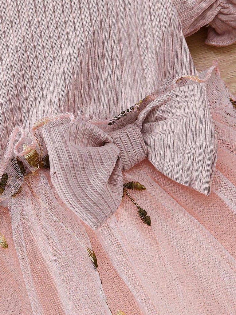 Baby Dusty Pink Embroidery Short Sleeve Double Bow Dress