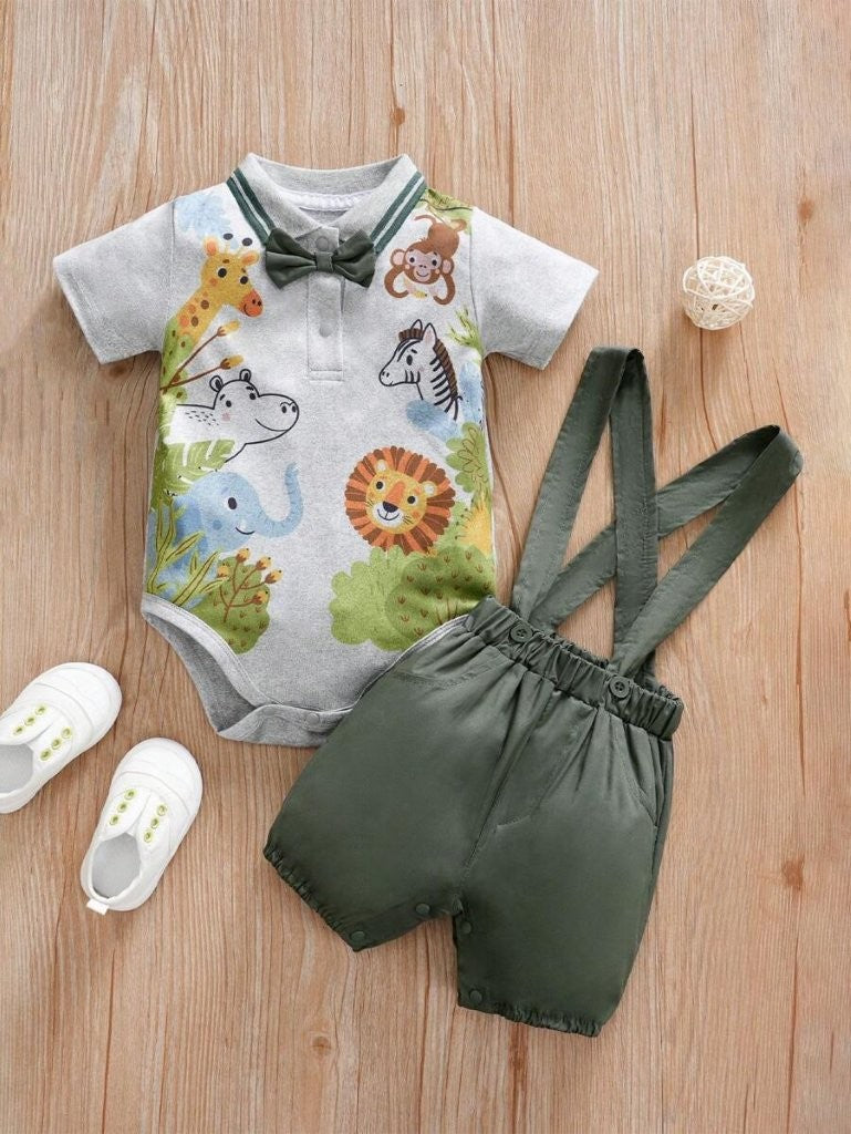 Baby Animal Print Bow Tie Bodysuit And Shorts Set