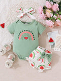 Baby Green Heart Print Bodysuit And Shorts Set
