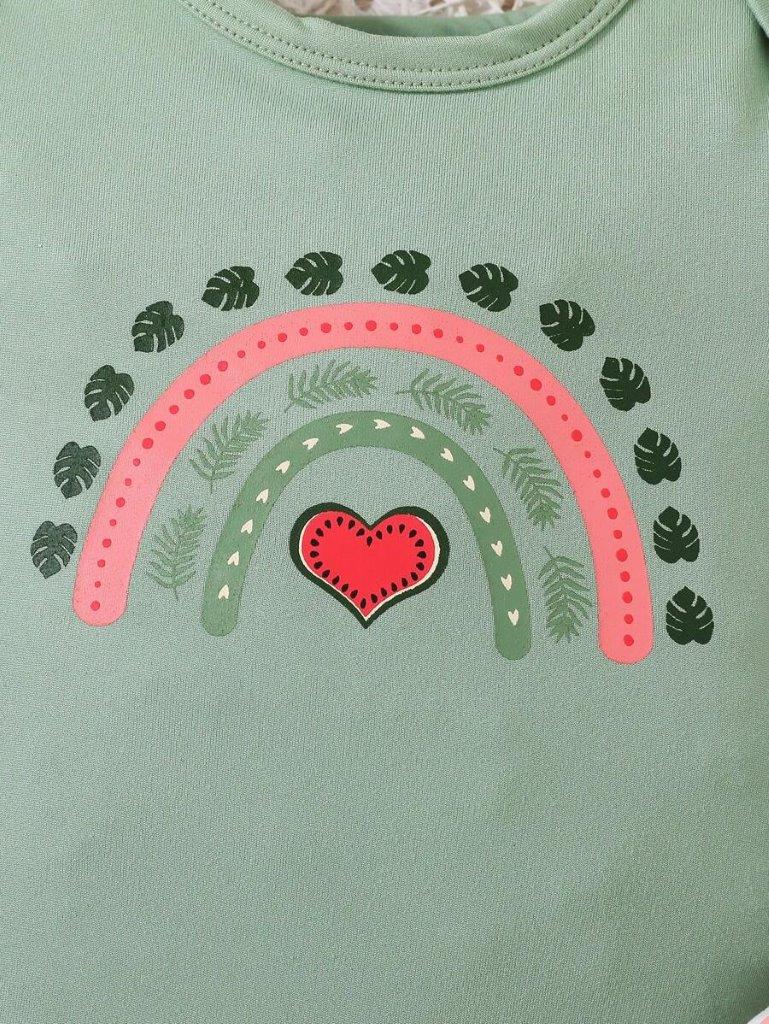Baby Green Heart Print Bodysuit And Shorts Set