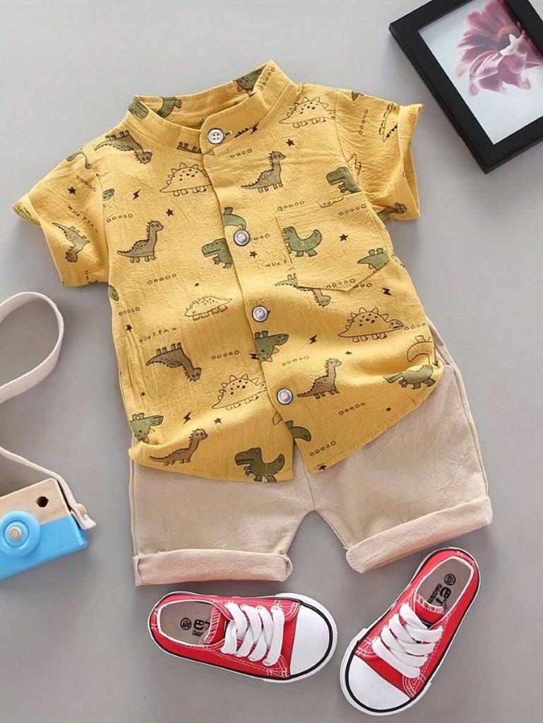 Baby Dino Print Shirt And Shorts Set Yelllow