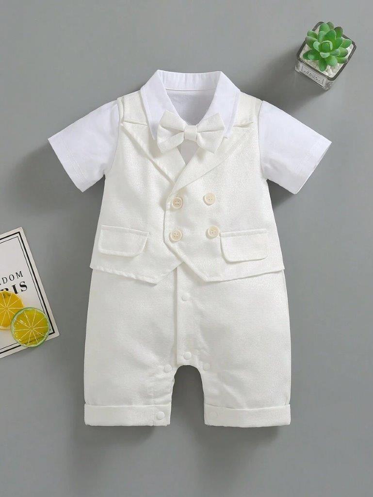 Baby White Baptism Bow Tie Gentleman Romper