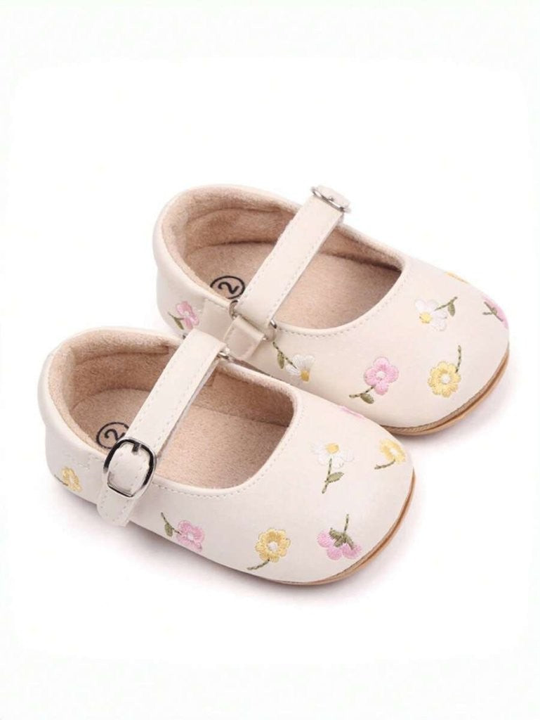 Baby Embroidered Floral Buckle Strap Leather Shoes