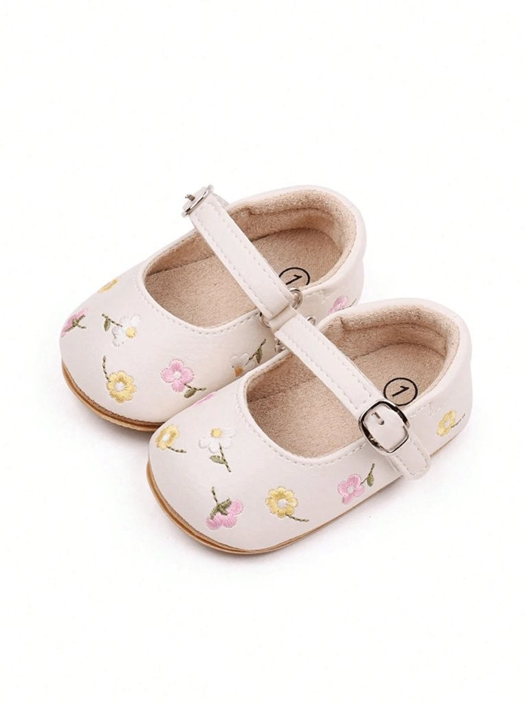 Baby Embroidered Floral Buckle Strap Leather Shoes