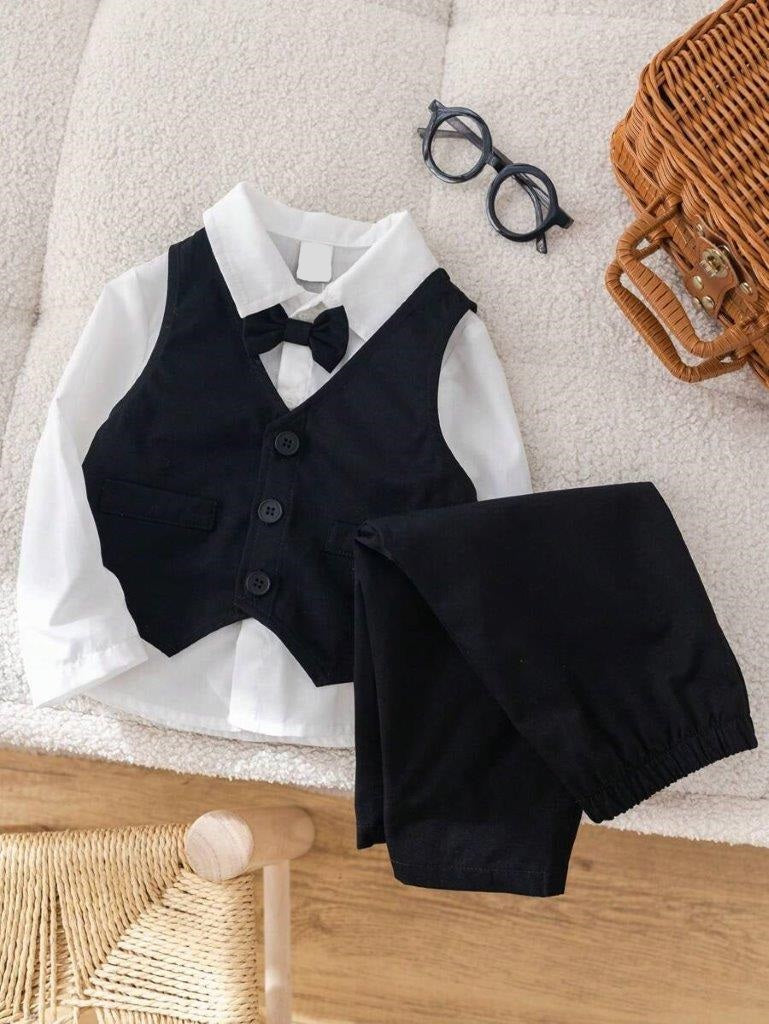 Baby Gentleman Solid Vest Shirt And Pants 4 Piece Set