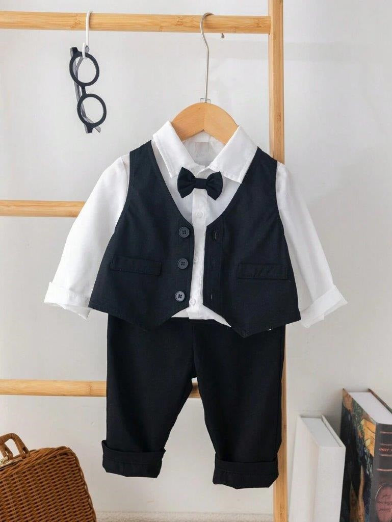 Baby Gentleman Solid Vest Shirt And Pants 4 Piece Set