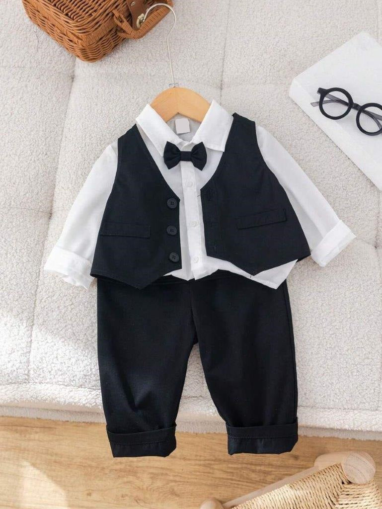 Baby Gentleman Solid Vest Shirt And Pants 4 Piece Set