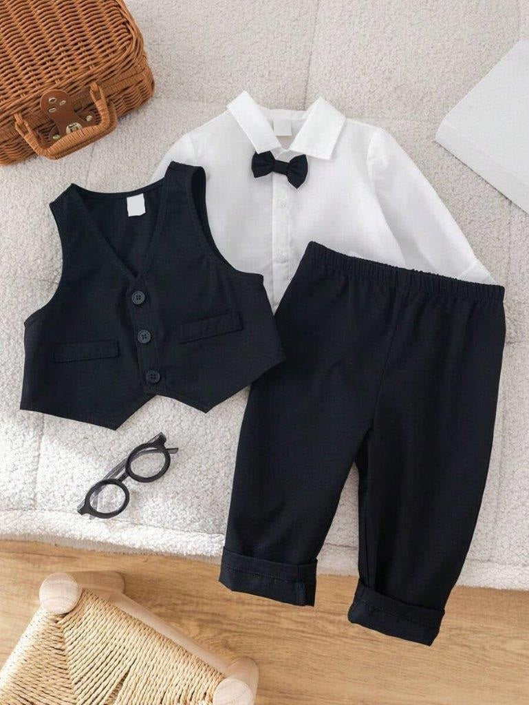 Baby Gentleman Solid Vest Shirt And Pants 4 Piece Set