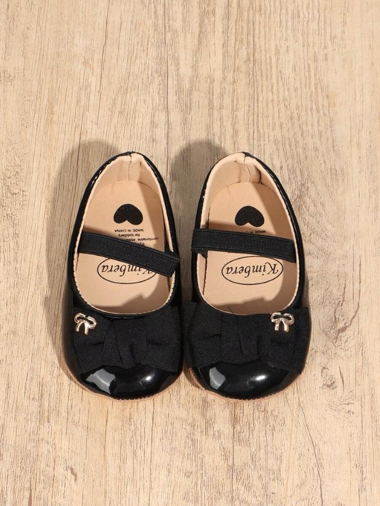 Baby Black Elastic Band Strap Bow Shoes