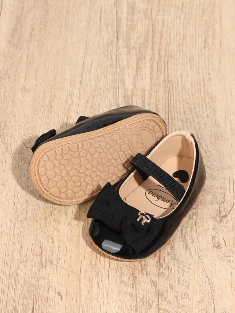 Baby Black Elastic Band Strap Bow Shoes
