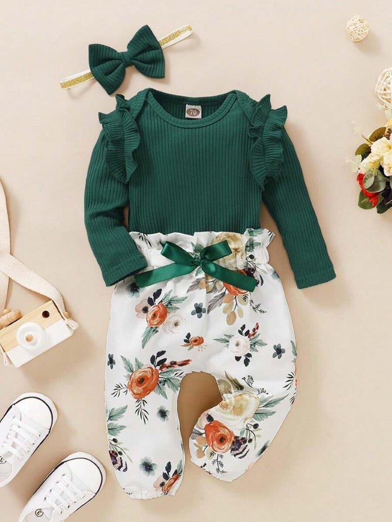 Baby Green Ribbed Bodysuit And Floral Pants Set
