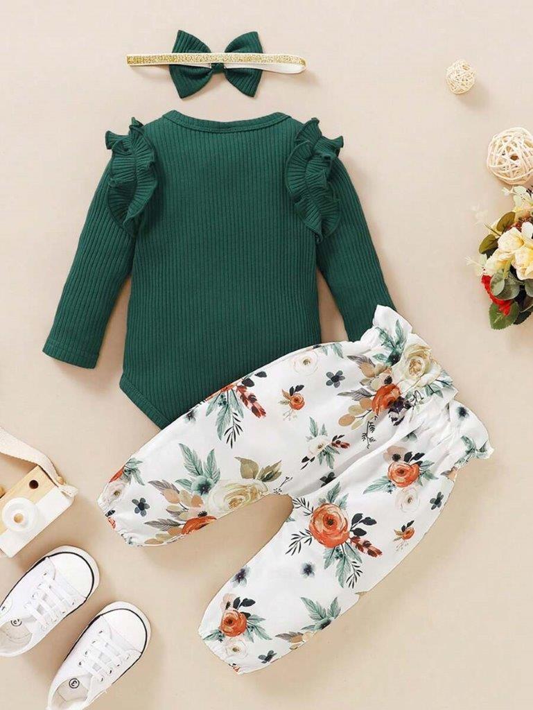 Baby Green Ribbed Bodysuit And Floral Pants Set