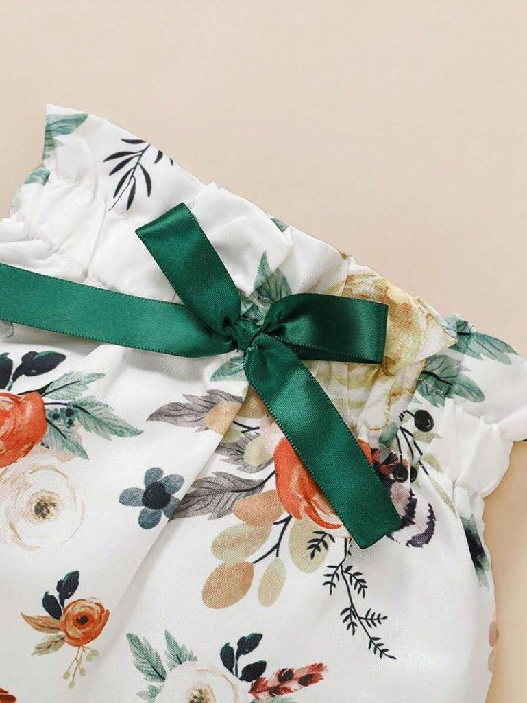 Baby Green Ribbed Bodysuit And Floral Pants Set