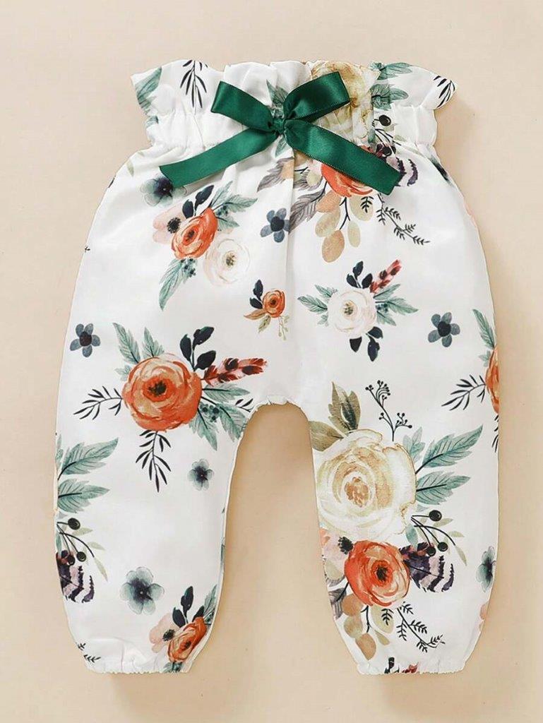 Baby Green Ribbed Bodysuit And Floral Pants Set