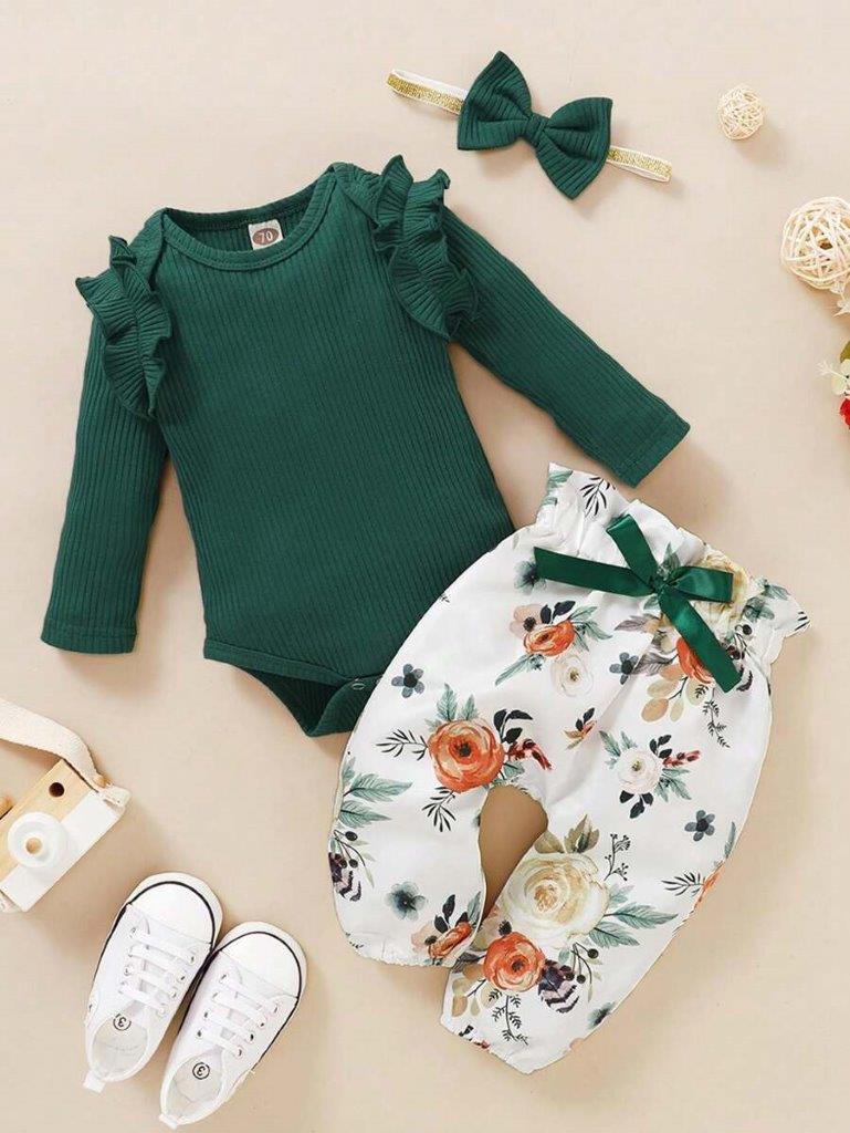 Baby Green Ribbed Bodysuit And Floral Pants Set