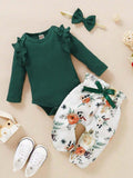Baby Green Ribbed Bodysuit And Floral Pants Set
