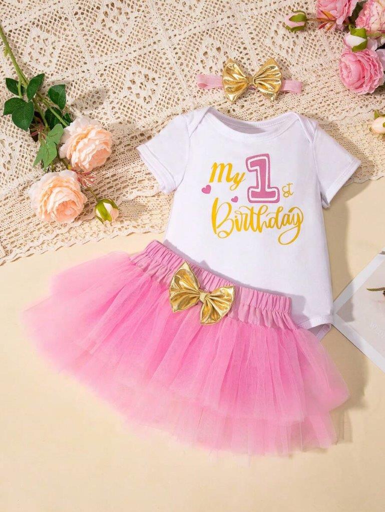 Baby One Year Old Birthday Set Gold Short Sleeve