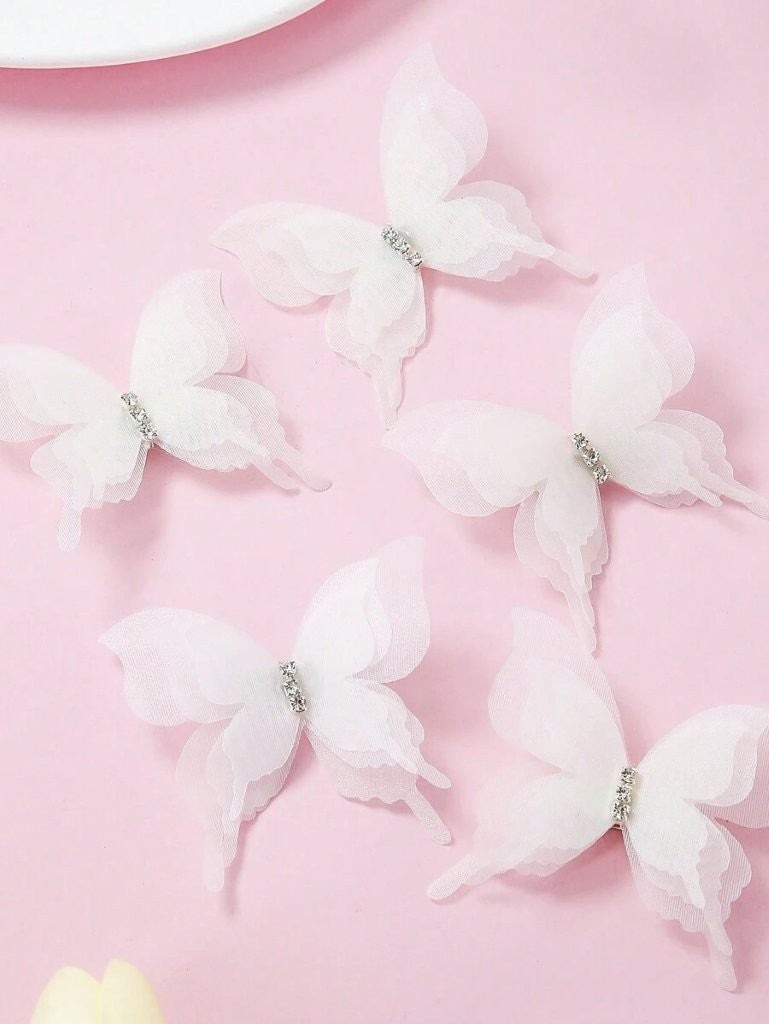 2 Piece Diamante Butterfly Hair Clips White
